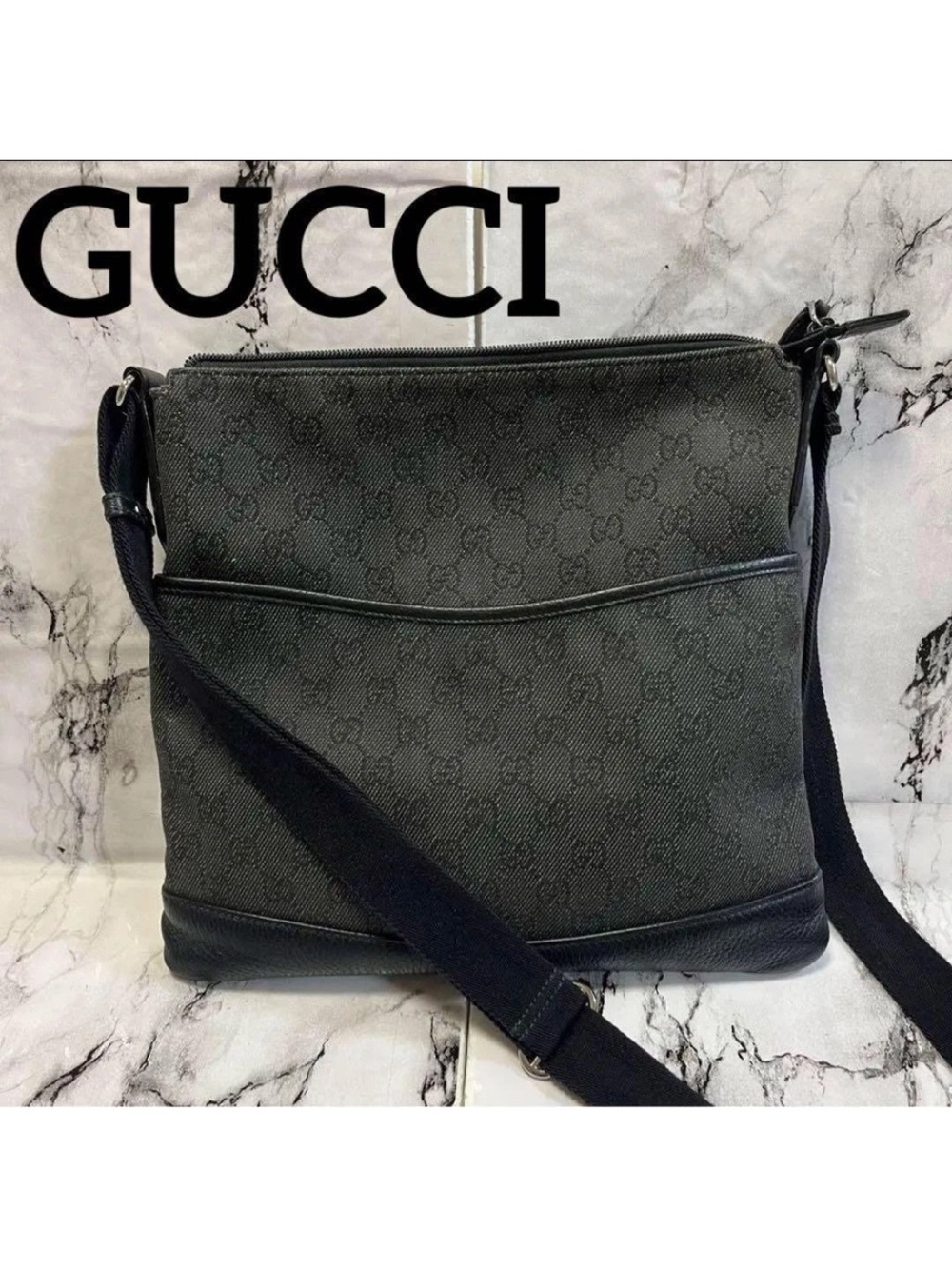Gucci Black GG Canvas Messenger Bag with Adjustable Strap